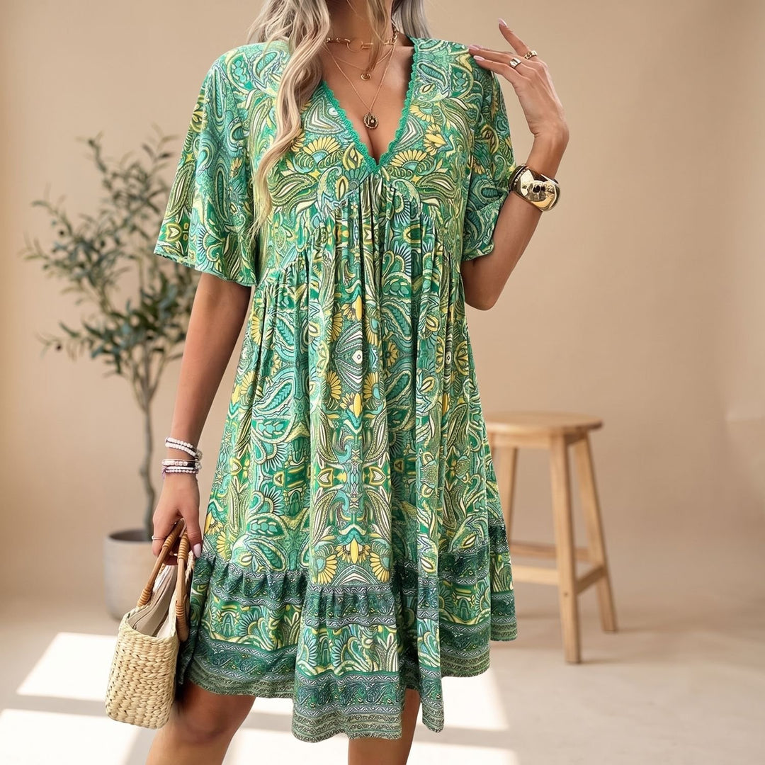 Women's Boho Floral V-Neck Short Sleeve Tiered Mini Dress - Green