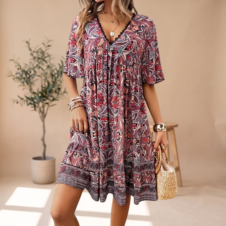 Women's Boho Floral V-Neck Short Sleeve Tiered Mini Dress - Red