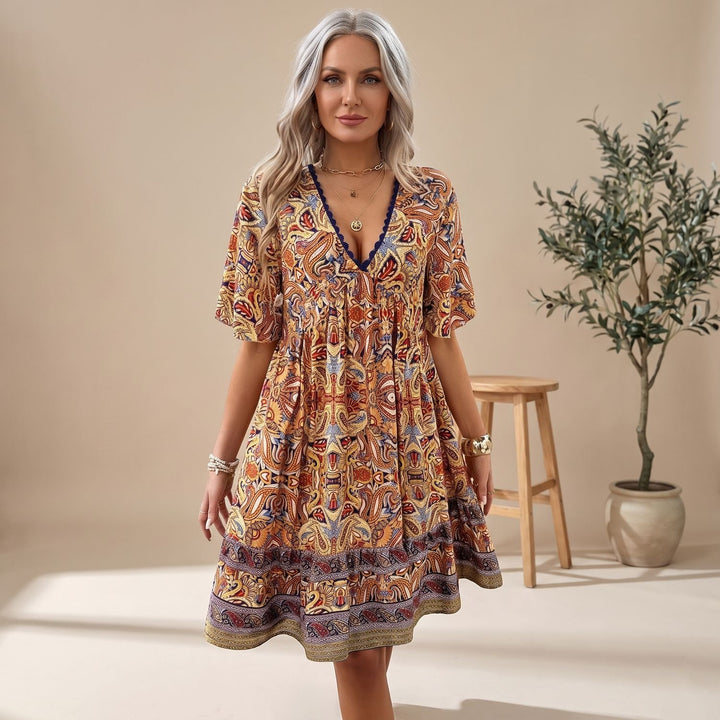 Women's Boho Floral V-Neck Short Sleeve Tiered Mini Dress - Yellow