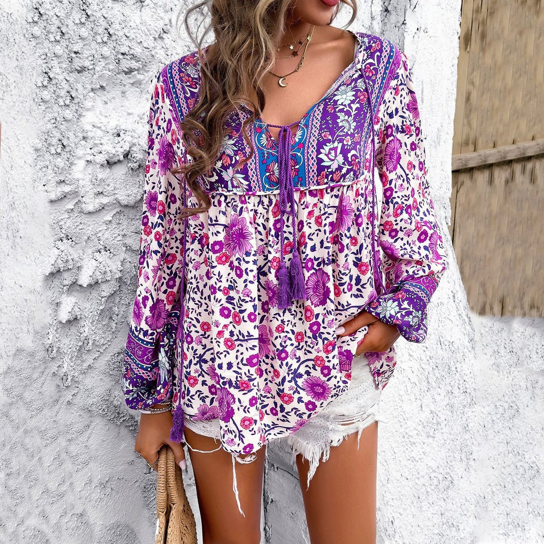 Women's Boho Floral V-Neck Tassel-Tie Balloon-Sleeve Tunic Top - Lila