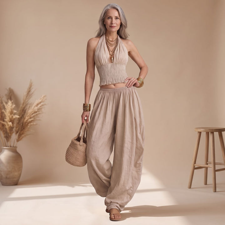 Women's Boho Halter Crop Top Harem Pants Two Piece Set - Beige