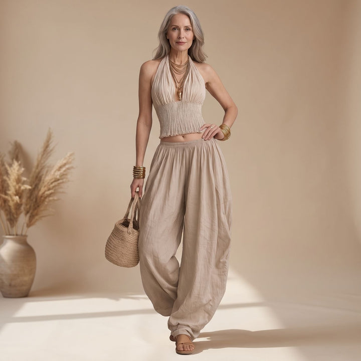 Women's Boho Halter Crop Top Harem Pants Two Piece Set