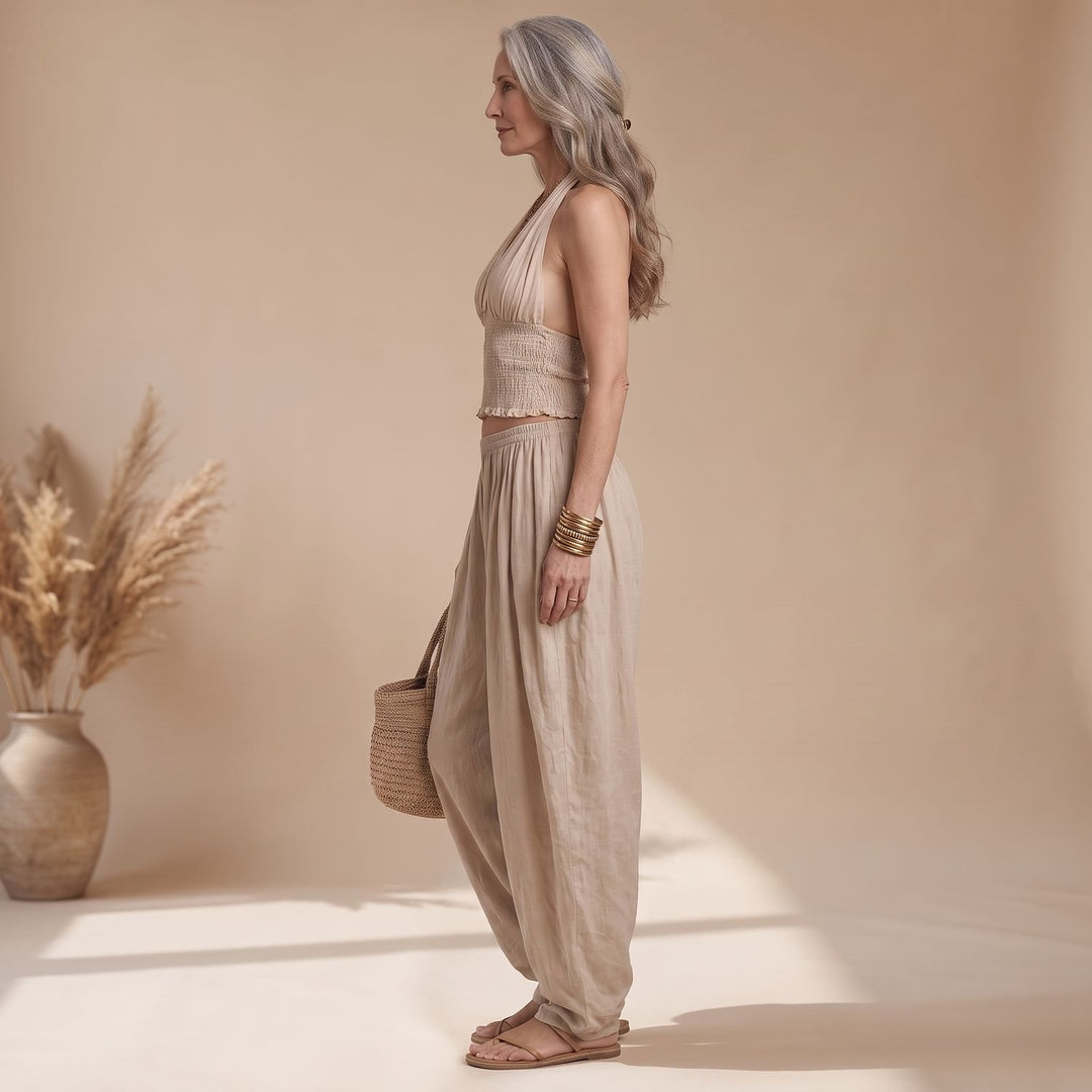 Women's Boho Halter Crop Top Harem Pants Two Piece Set