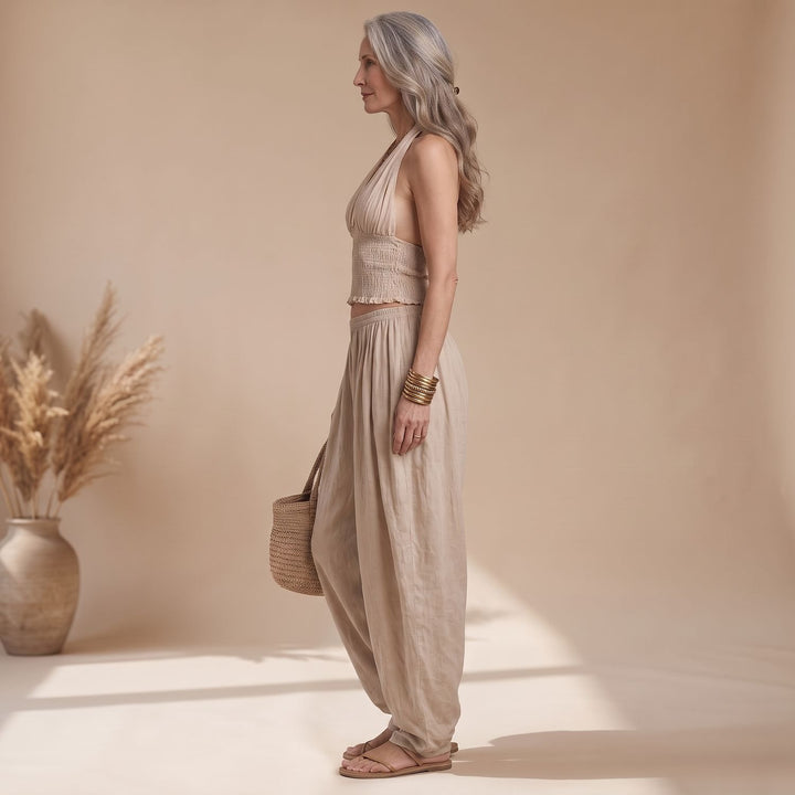 Women's Boho Halter Crop Top Harem Pants Two Piece Set