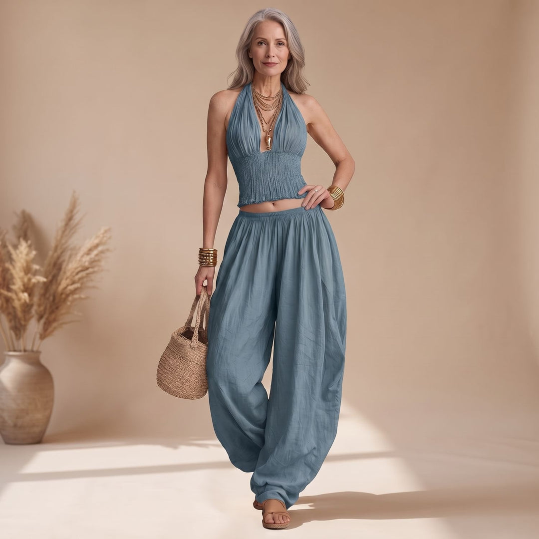 Women's Boho Halter Crop Top Harem Pants Two Piece Set - Gray Blue