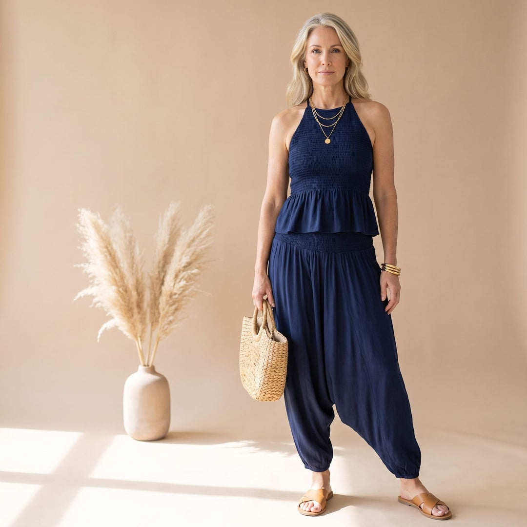 Women's Boho Halter Crop Top Harem Pants Two Piece Set - Navy Blue