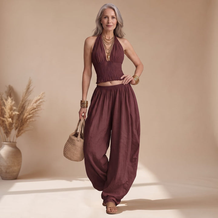 Women's Boho Halter Crop Top Harem Pants Two Piece Set - Retro Red