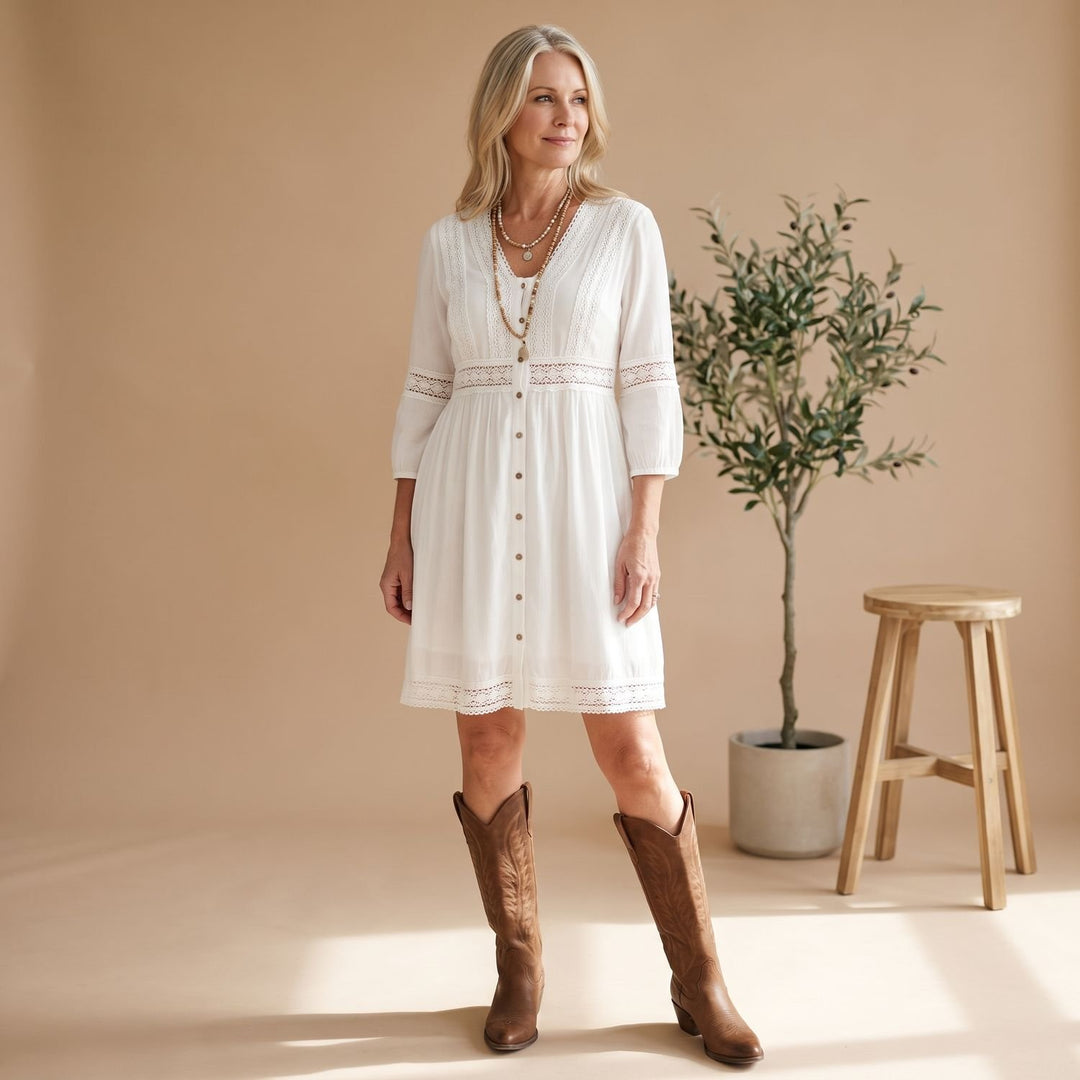 Women's Boho Lace Detail High-Low Shirt Dress Long Sleeve