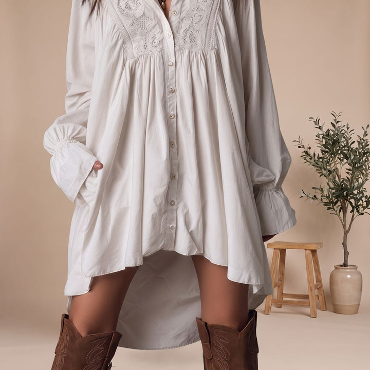 Women's Boho Lace Detail High-Low Shirt Dress Long Sleeve