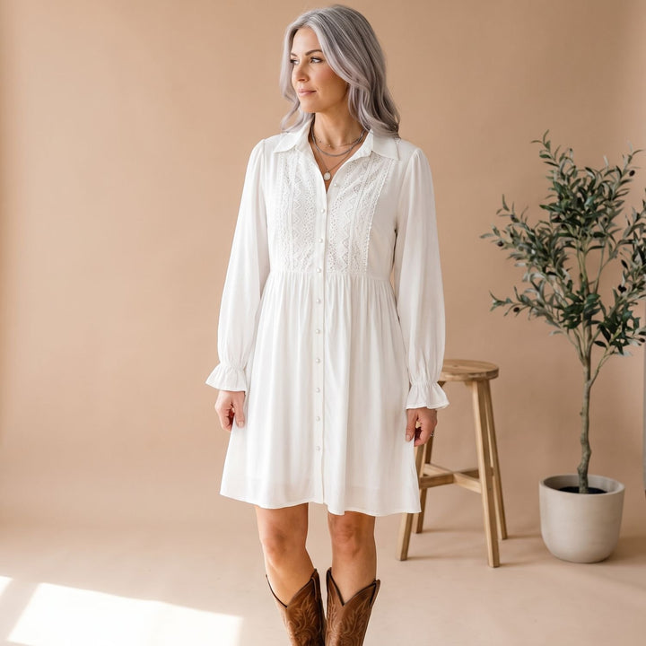 Women's Boho Lace Detail High-Low Shirt Dress Long Sleeve