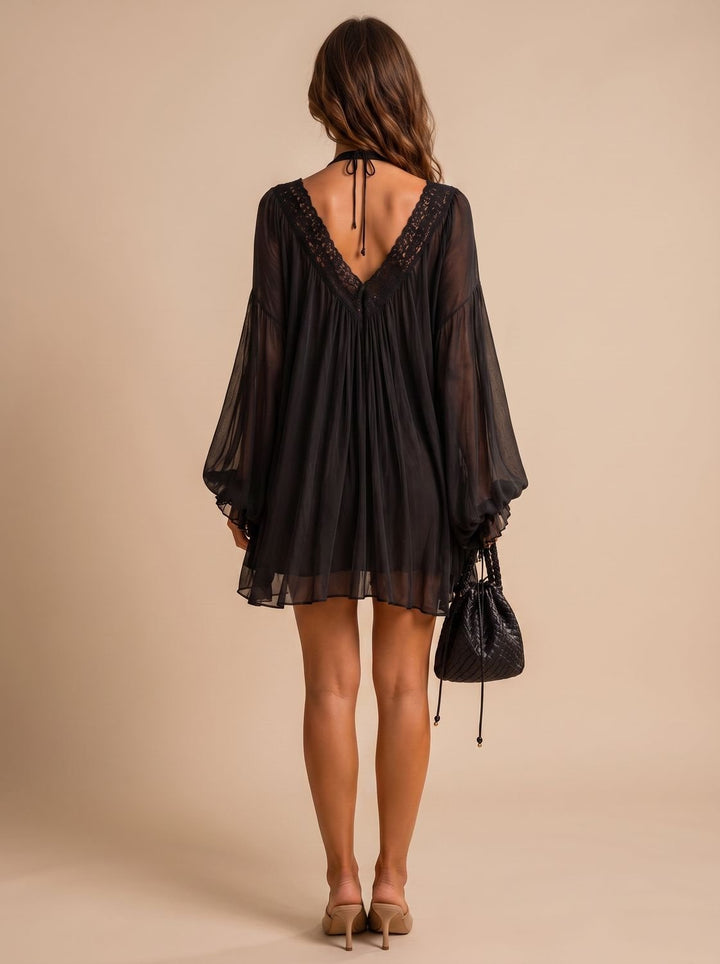 Women's Boho Lace-Trim Deep V-Neck Long Sleeve Mini Dress