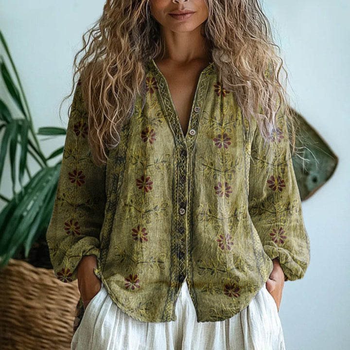 Women's Boho Linen Button-Down Dragonfly Print Cardigan Blouse - Light Olive Green