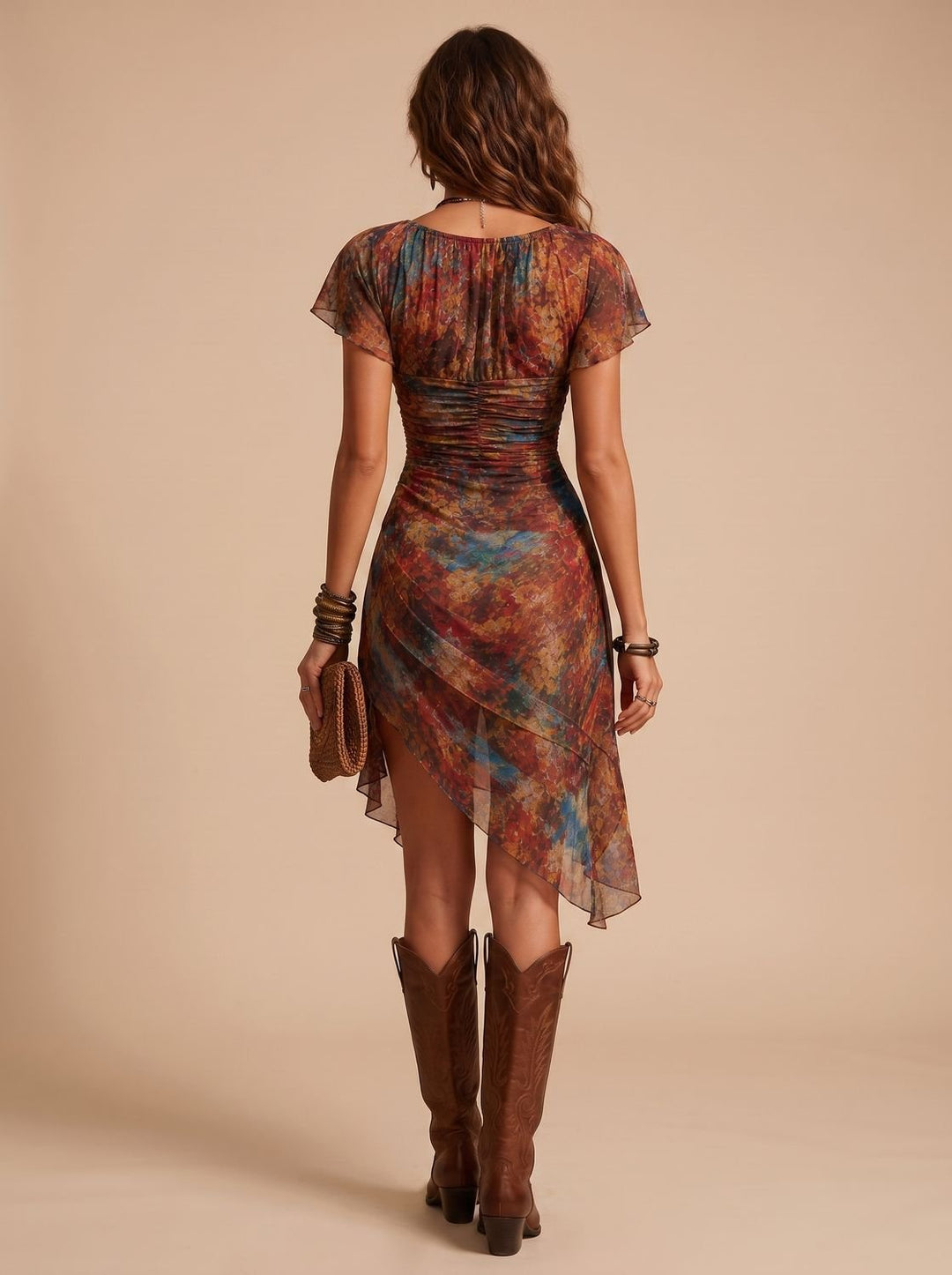 Women's Boho Multicolor Ruched V-Neck Asymmetric Midi Sundress