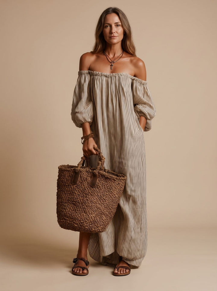 Women's Boho Off-Shoulder Striped Linen-Blend Maxi Dress - Beige