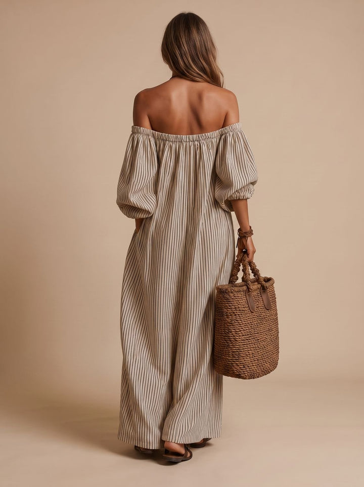 Women's Boho Off-Shoulder Striped Linen-Blend Maxi Dress