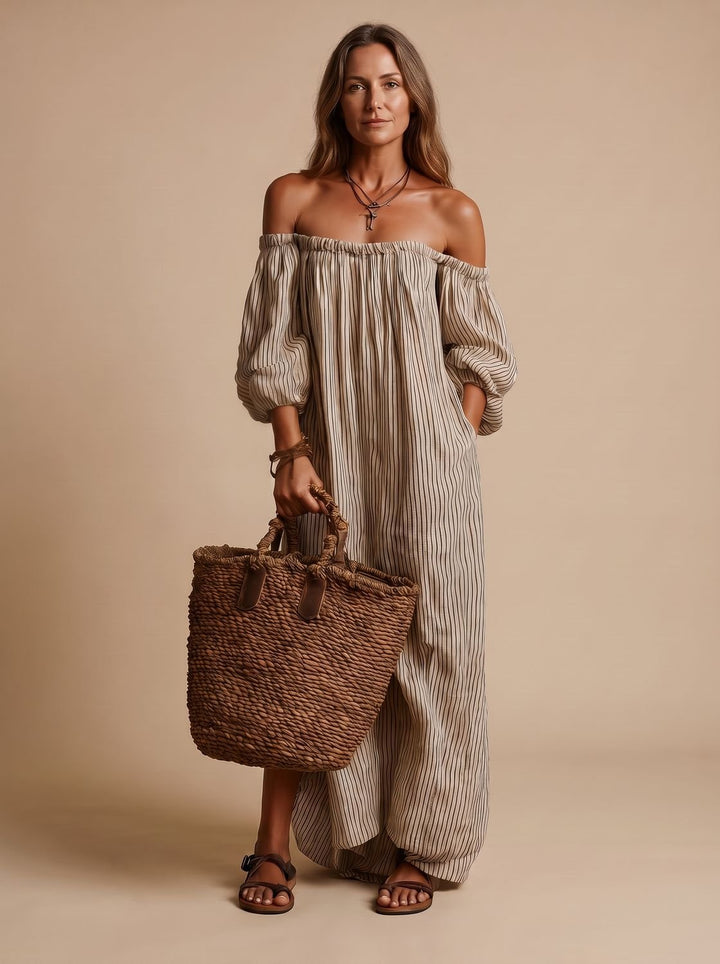 Women's Boho Off-Shoulder Striped Linen-Blend Maxi Dress