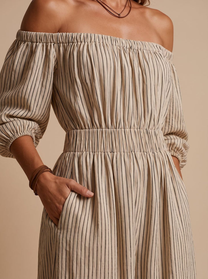 Women's Boho Off-Shoulder Striped Linen-Blend Maxi Dress