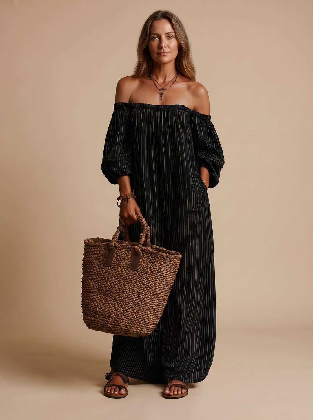 Women's Boho Off-Shoulder Striped Linen-Blend Maxi Dress - Black