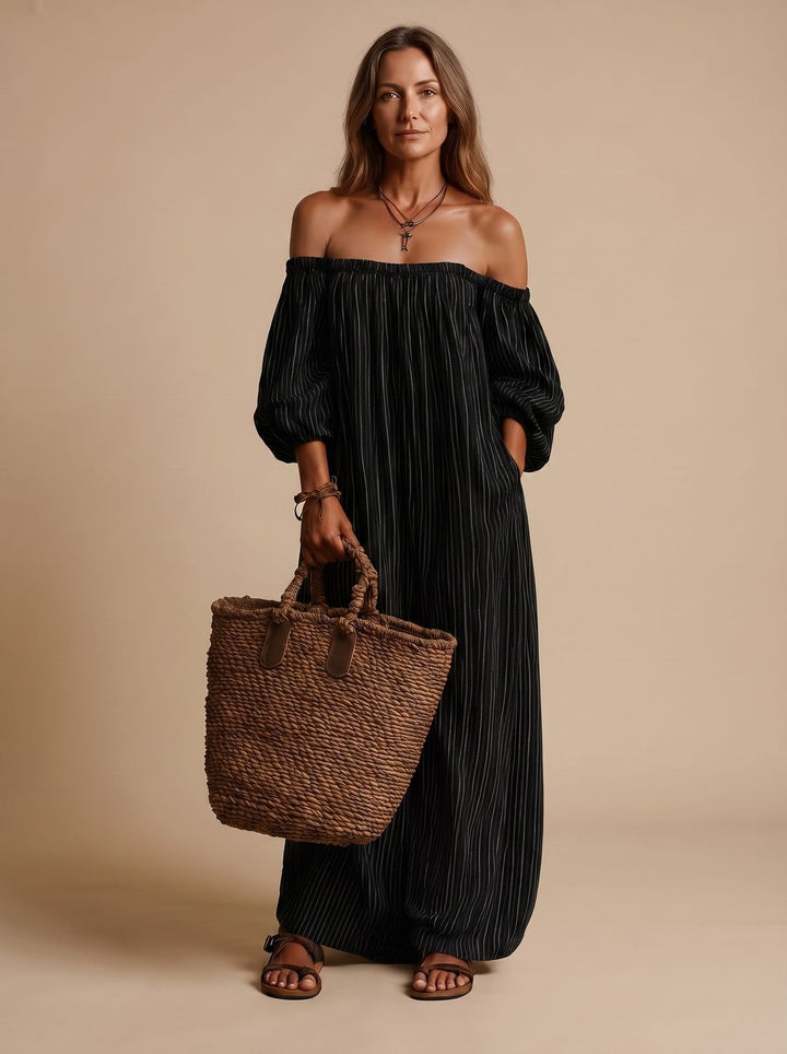 Women's Boho Off-Shoulder Striped Linen-Blend Maxi Dress - Black