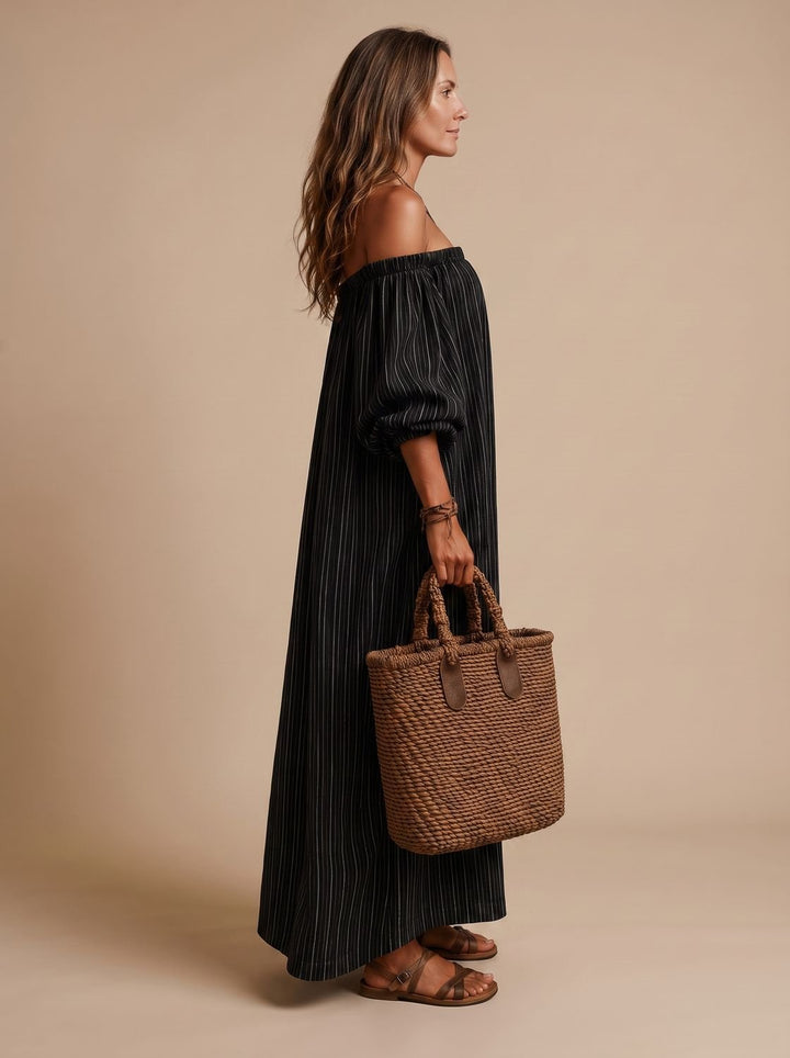 Women's Boho Off-Shoulder Striped Linen-Blend Maxi Dress