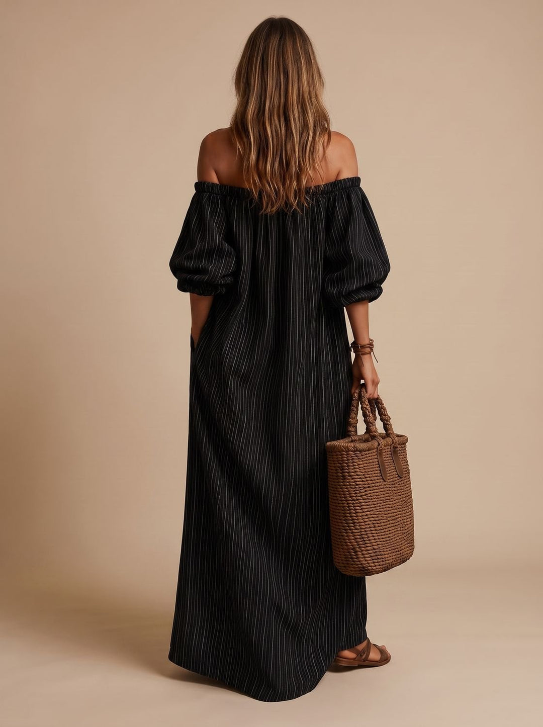 Women's Boho Off-Shoulder Striped Linen-Blend Maxi Dress
