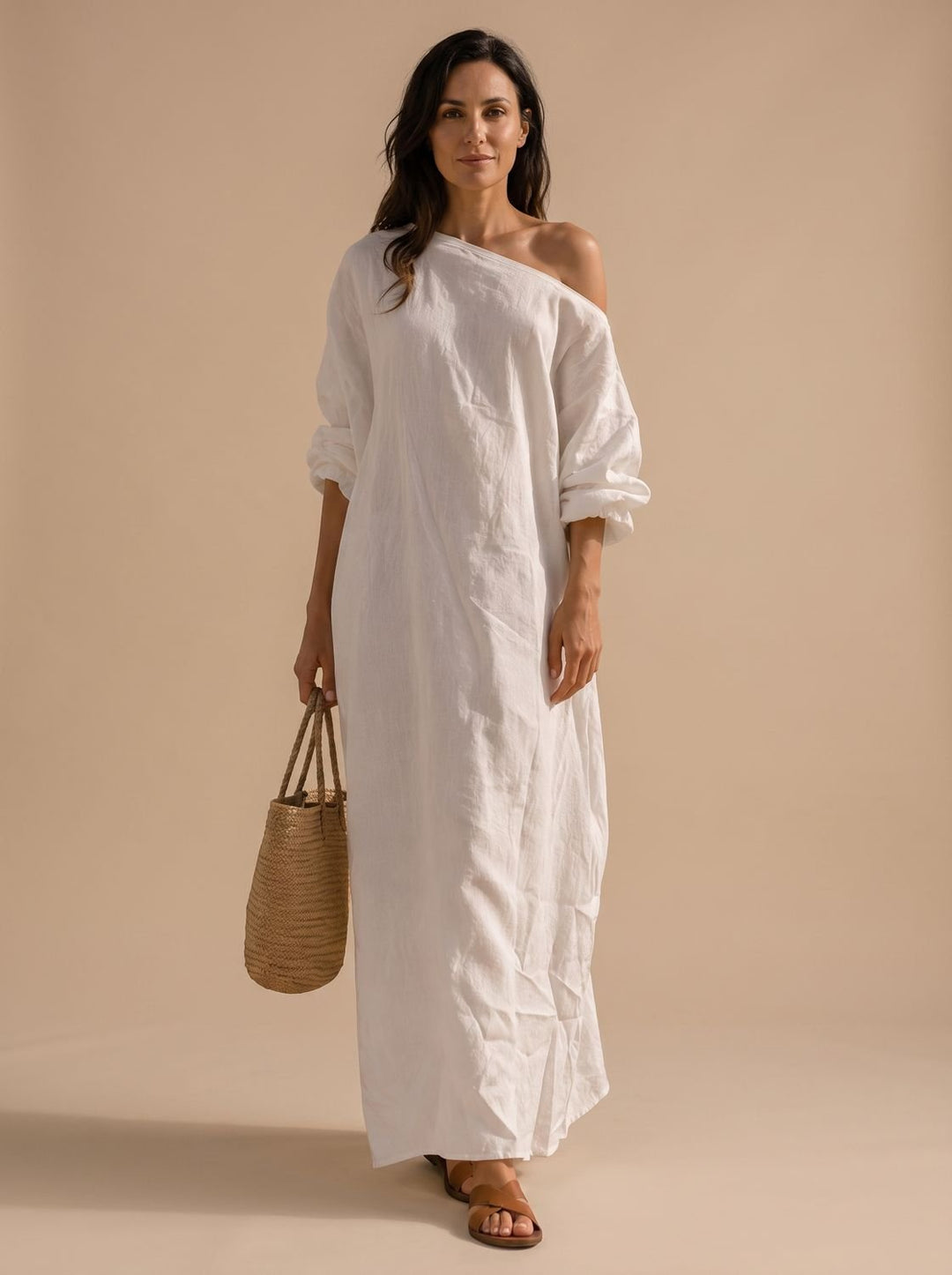 Women's Boho One-Shoulder Wide-Sleeve Linen Maxi Dress