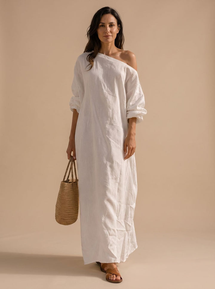 Women's Boho One-Shoulder Wide-Sleeve Linen Maxi Dress