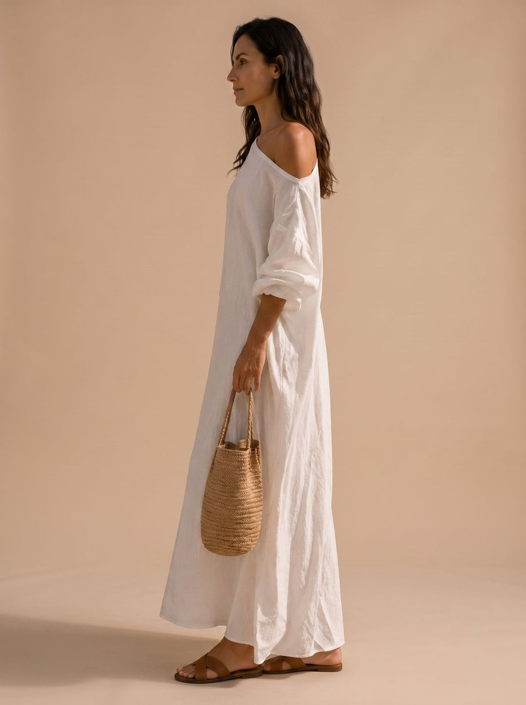 Women's Boho One-Shoulder Wide-Sleeve Linen Maxi Dress