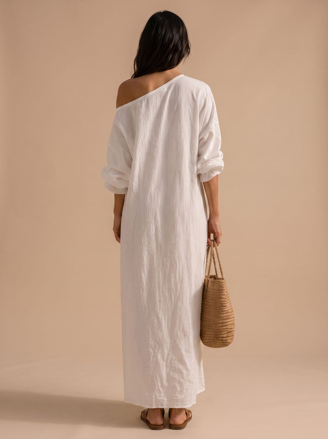 Women's Boho One-Shoulder Wide-Sleeve Linen Maxi Dress