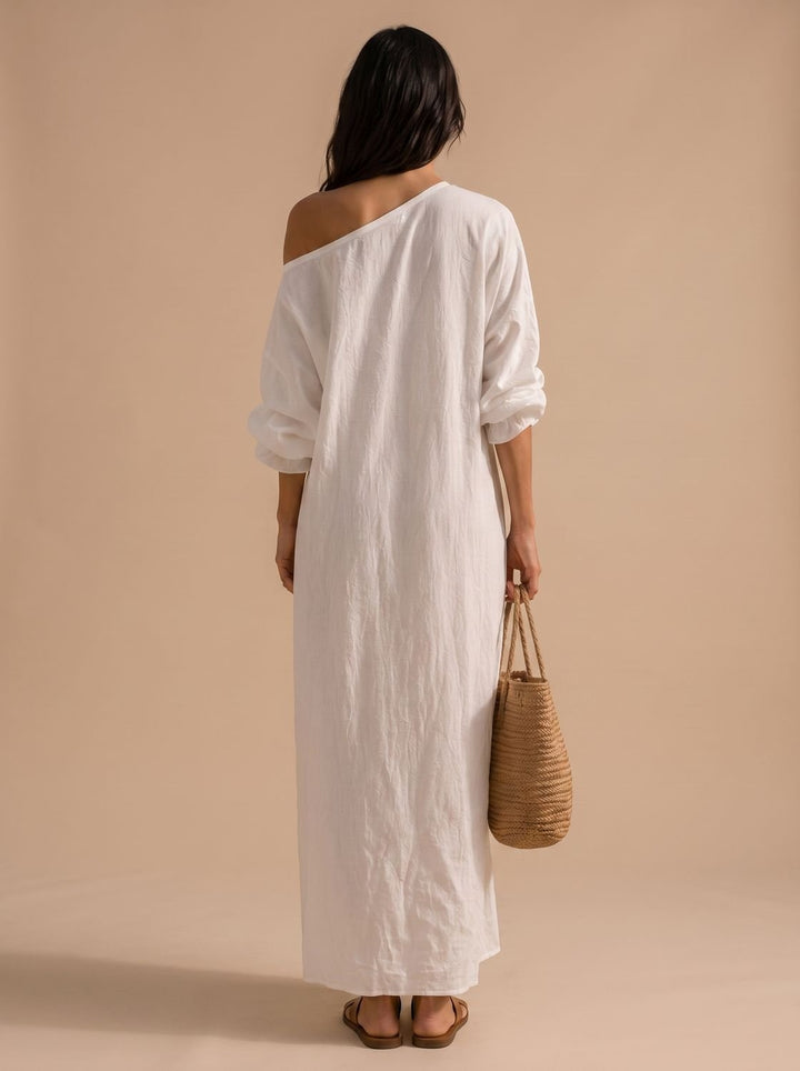 Women's Boho One-Shoulder Wide-Sleeve Linen Maxi Dress