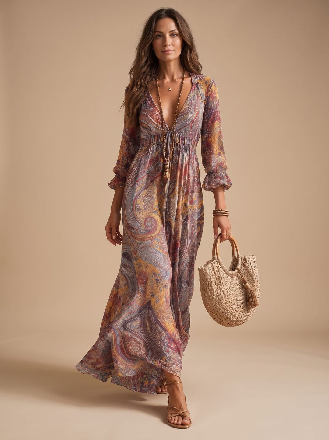 Women's Boho Paisley-Print Long-Sleeve Flowy Maxi Dress