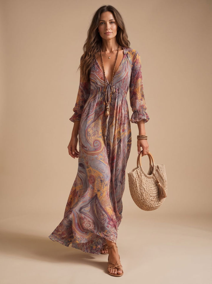 Women's Boho Paisley-Print Long-Sleeve Flowy Maxi Dress