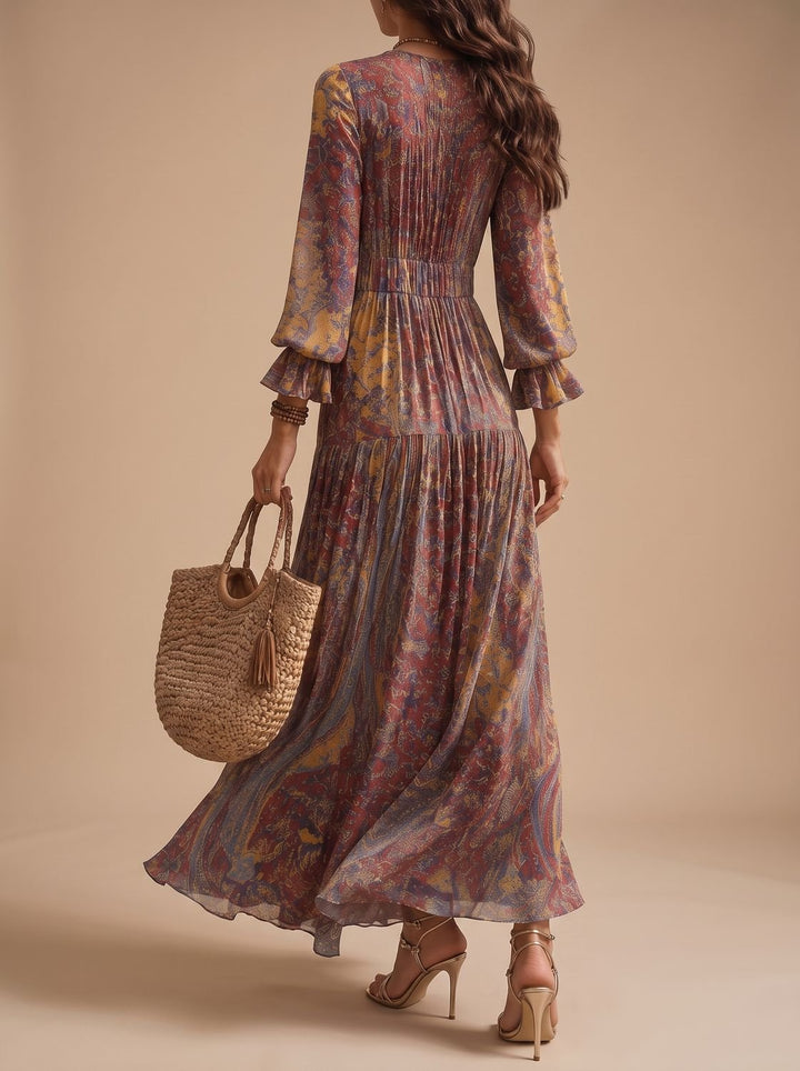 Women's Boho Paisley-Print Long-Sleeve Flowy Maxi Dress