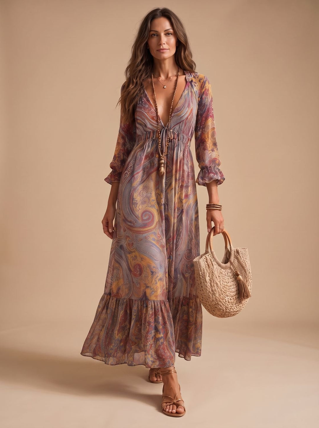 Women's Boho Paisley-Print Long-Sleeve Flowy Maxi Dress
