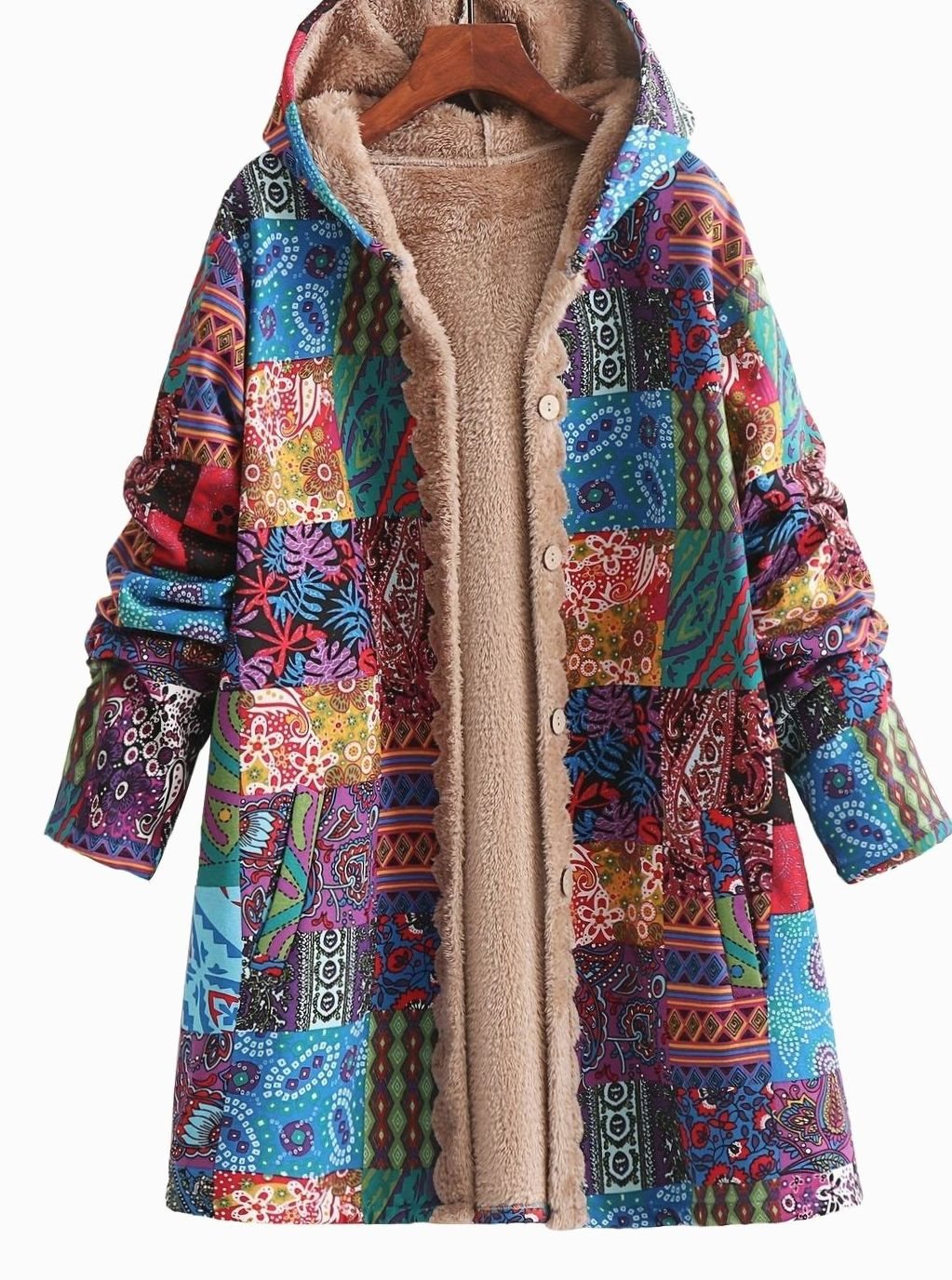 Women's Boho Patchwork Print Fleece-Lined Hooded Jacket - Blue