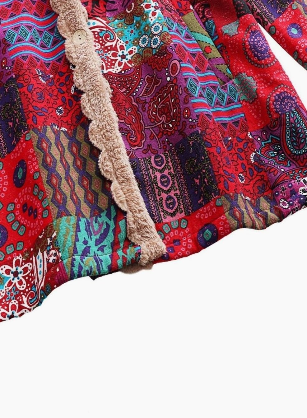 Women's Boho Patchwork Print Fleece-Lined Hooded Jacket