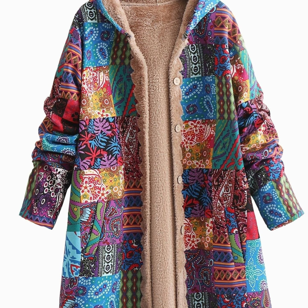 Women's Boho Patchwork Print Fleece-Lined Hooded Jacket