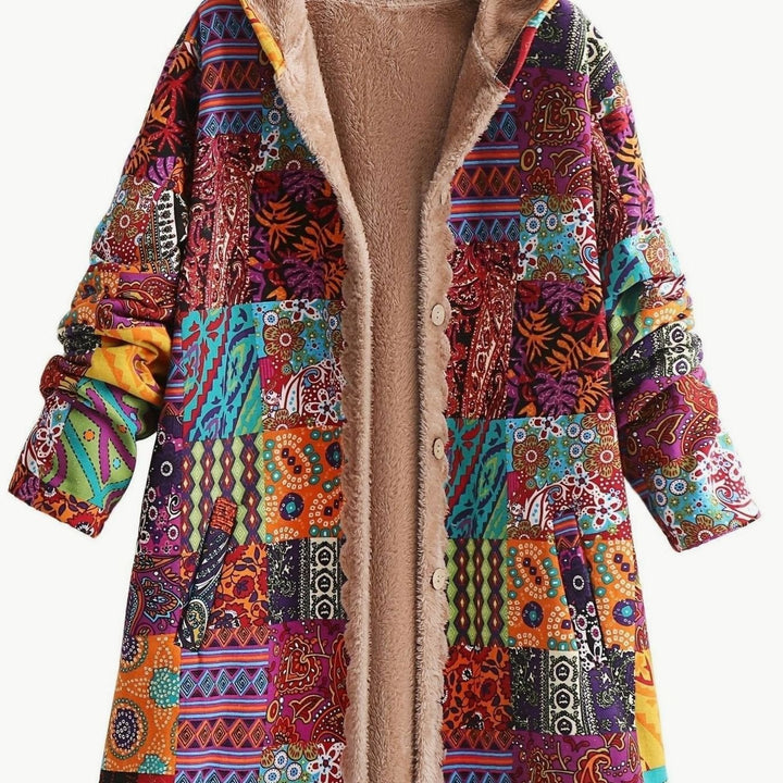 Women's Boho Patchwork Print Fleece-Lined Hooded Jacket