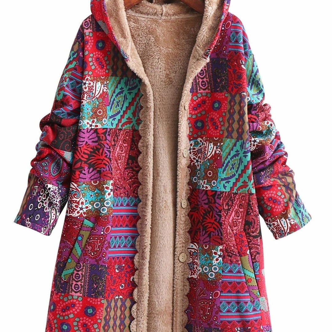 Women's Boho Patchwork Print Fleece-Lined Hooded Jacket