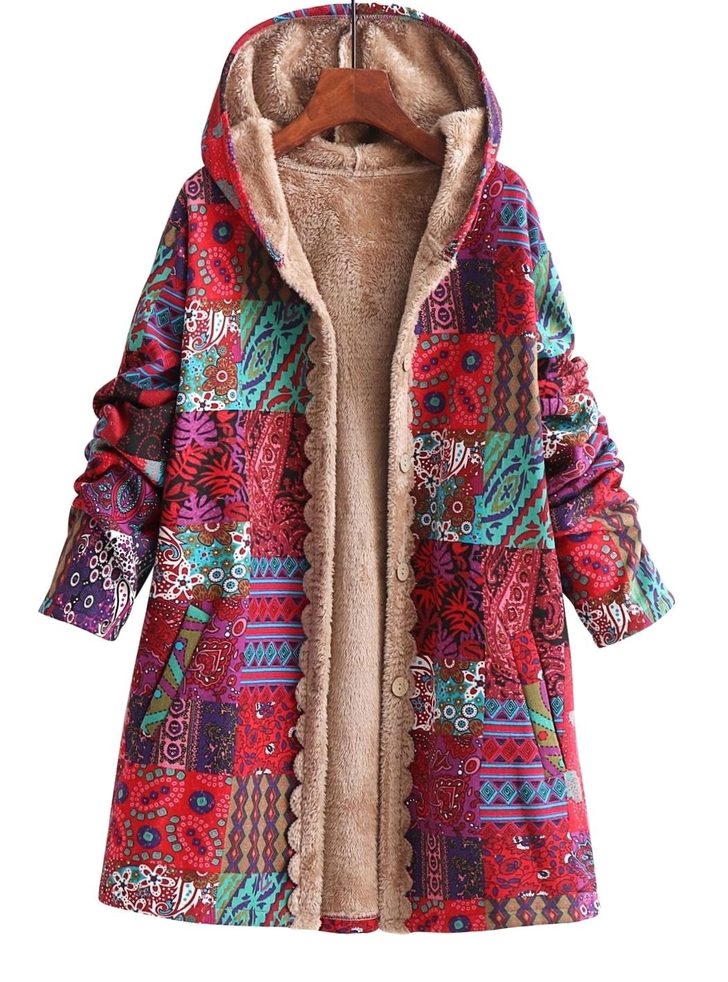 Women's Boho Patchwork Print Fleece-Lined Hooded Jacket - Red