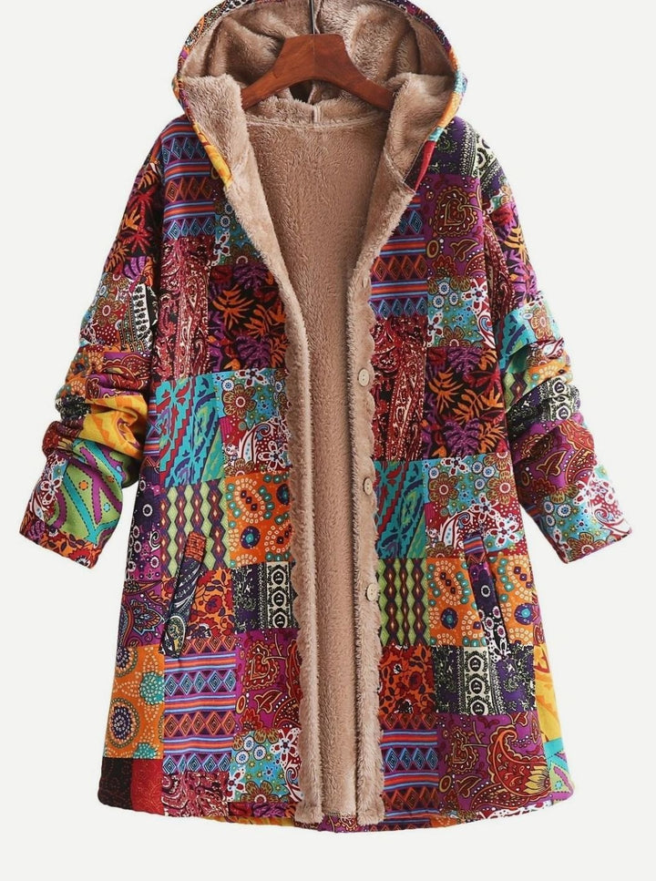 Women's Boho Patchwork Print Fleece-Lined Hooded Jacket - Ginger