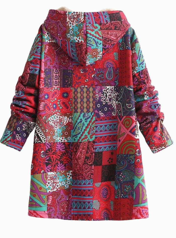 Women's Boho Patchwork Print Fleece-Lined Hooded Jacket