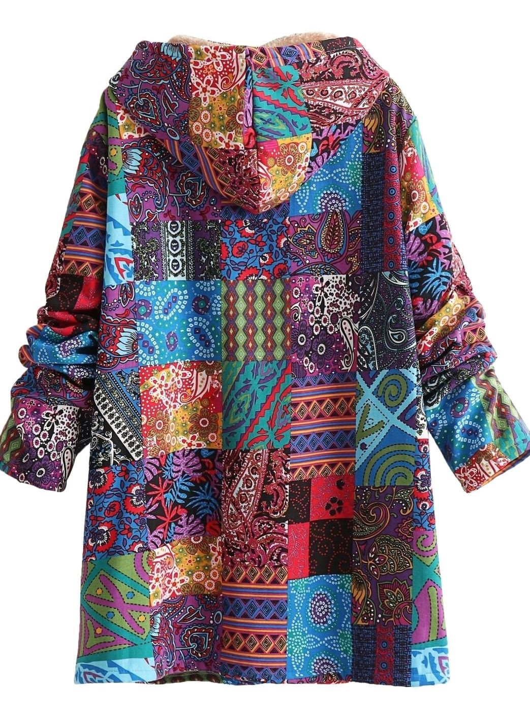 Women's Boho Patchwork Print Fleece-Lined Hooded Jacket