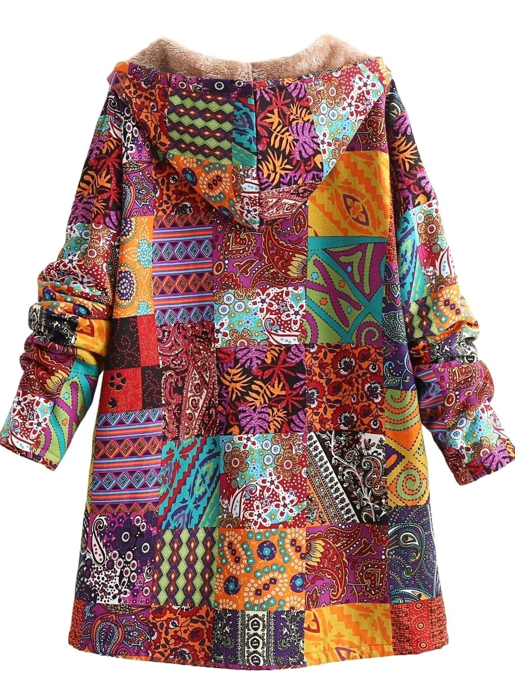 Women's Boho Patchwork Print Fleece-Lined Hooded Jacket