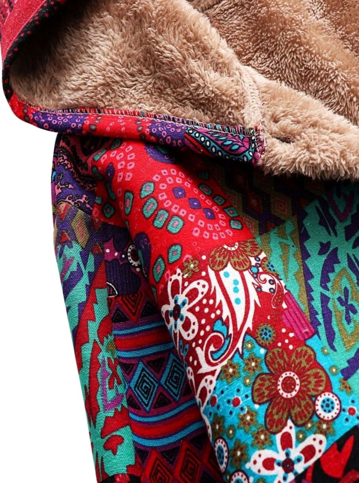 Women's Boho Patchwork Print Fleece-Lined Hooded Jacket