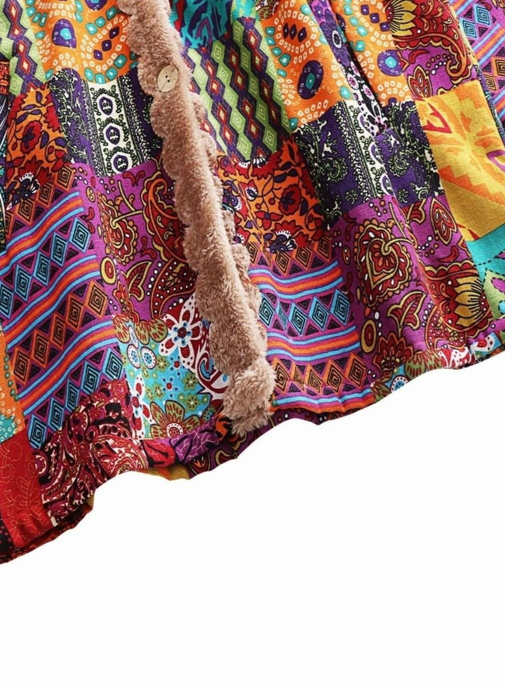 Women's Boho Patchwork Print Fleece-Lined Hooded Jacket