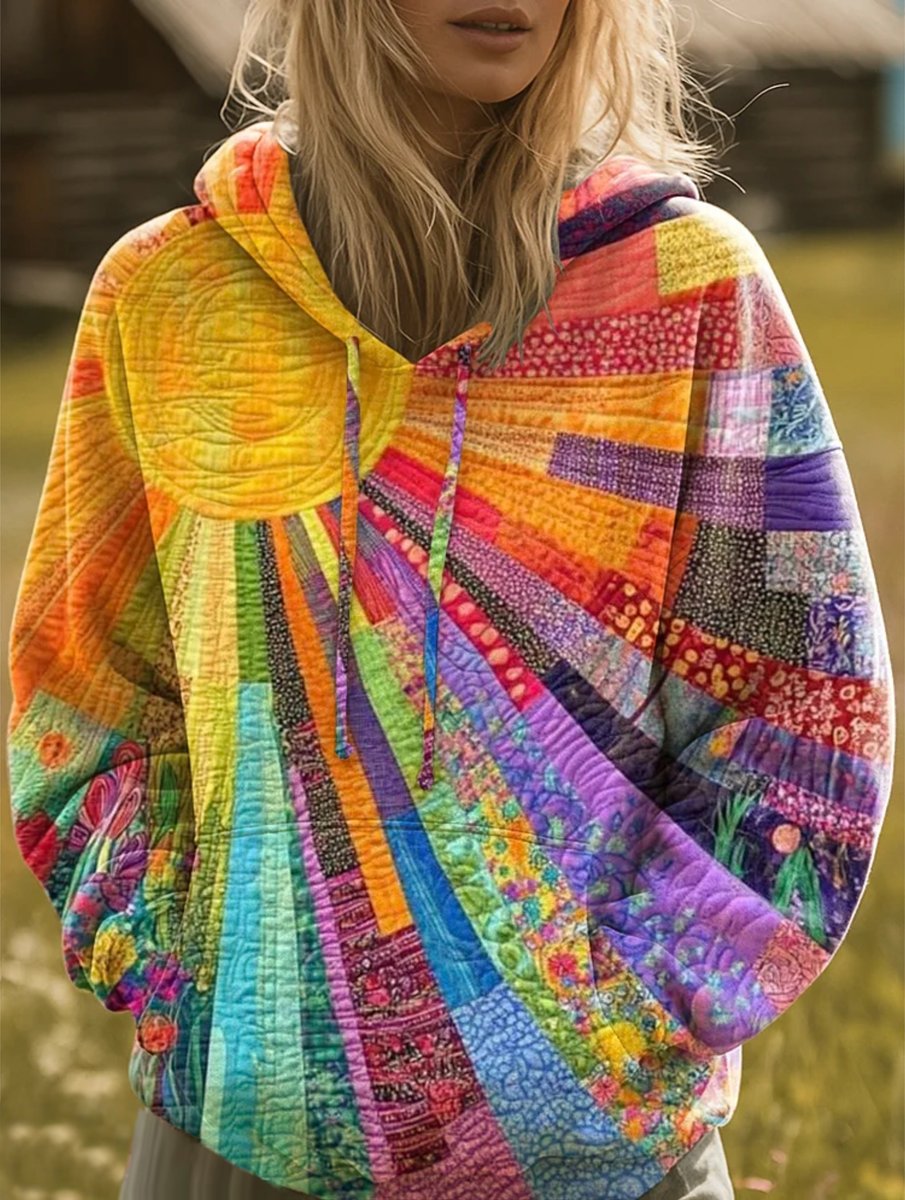 Women's Boho Patchwork Quilted Pullover Hoodie Sweater - Multicolor