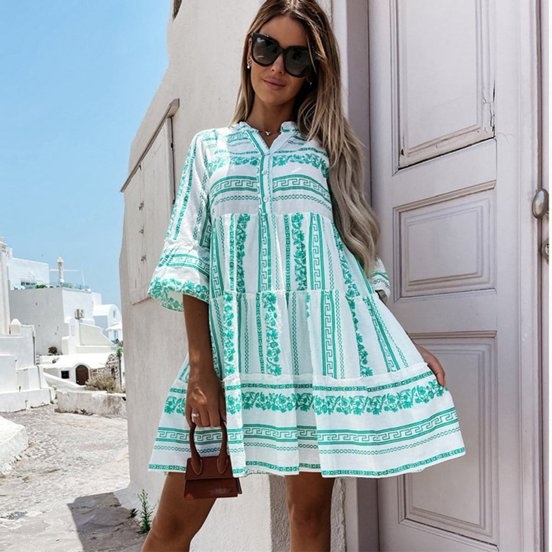Women's Boho Printed Tiered Flare-Sleeve Tunic Dress