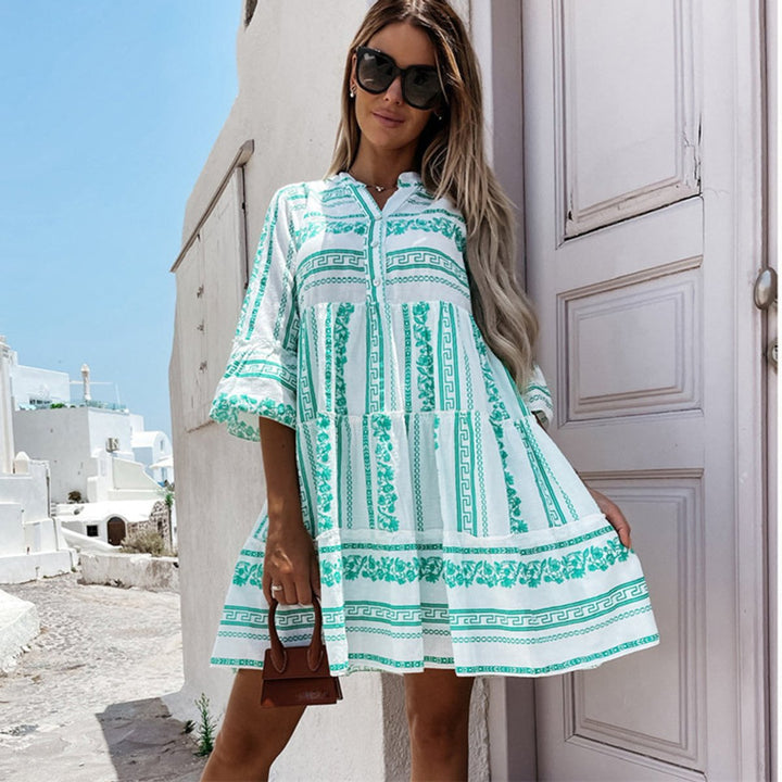Women's Boho Printed Tiered Flare-Sleeve Tunic Dress