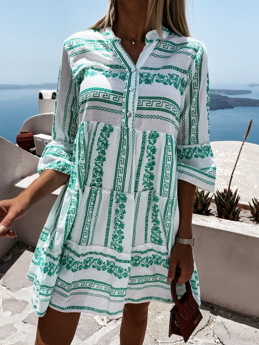 Women's Boho Printed Tiered Flare-Sleeve Tunic Dress